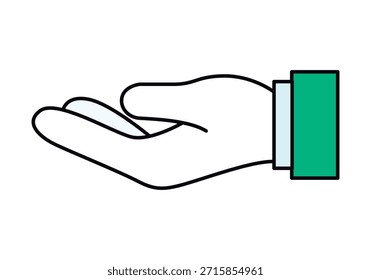 Offene menschliche Hand, die etwas aufnehmen oder halten kann, mit einem grünen Hemdsärmel auf weißem Hintergrund