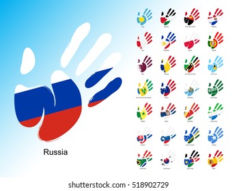 Open human handprint with national flag inside. Set of palm with flags
