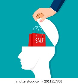 Open a human head and a bag of sales. sales ideas. vector illustration