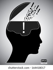 Open human head with brain and exclamation marks. Isolated easy to edit eps10 vector illustration. Black and white vector design. 
