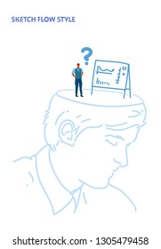 open human head confused businessman looking at flip chart financial graph presentation with question mark creative decision idea concept sketch flow style vertical