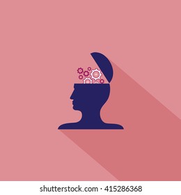 Open Human Head With Gears - Isolated On Pink Background - Vector Illustration, Graphic Design. Abstract Concept
