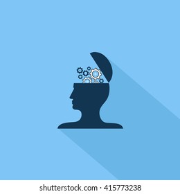 Open Human Head With Gears - Isolated On Blue Background - Vector Illustration, Graphic Design. Abstract Concept 