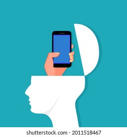Open the human head and the hand is holding the phone. Communication concept