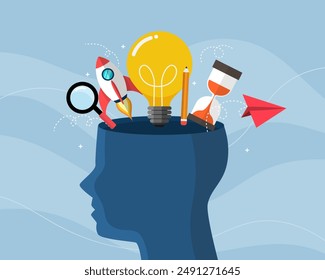 open human head idea inspiration creative success.thinking and education learning. business solution concept. vector illustration flat design.