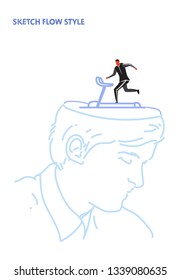 open human head sportsman running on treadmill runner cardio training creative inspiration healthy lifestyle concept sketch flow style vertical