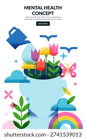 Open human head with watering can and growing flowers. Mental health, well-being concept. Vector abstract illustration of imagination, positive thinking and harmony