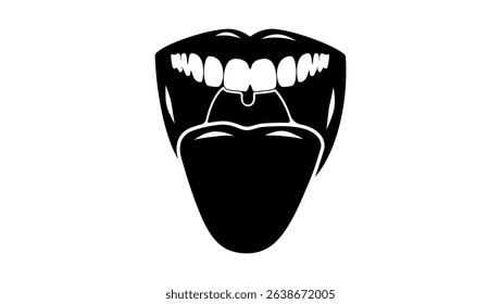 open human mouth and protruding tongue, black isolated silhouette