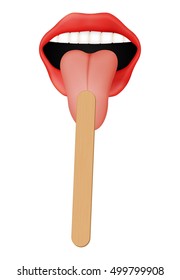 Open human mouth with protruding tongue and wooden tongue depressor. Illustration of medical examination of throat isolated on white background.
