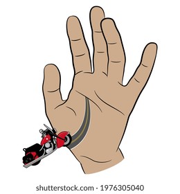 Open human palm and sportive motorbike riding its Life Line. Creative palmistry concept for active lifestyle.