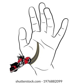 Open human palm and sportive motorbike riding its Life Line. Creative palmistry concept for active lifestyle.