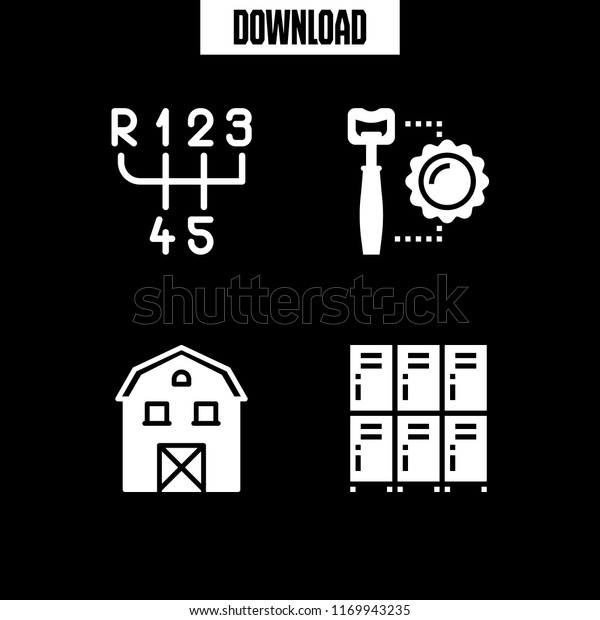 open icon. 4 open vector\
set. gearbox, barn, locker and opener icons for web and design\
about open theme