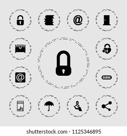 Open icon. collection of 13 open filled icons such as umbrella, door, chest, book, lock, seed bag, share, at mail, close, heart lock. editable open icons for web and mobile.