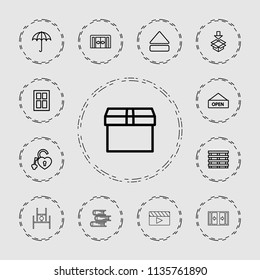 Open icon. collection of 13 open outline icons such as sliding doors, umbrella, window, box, cargo box, heart lock, eject button, book. editable open icons for web and mobile.