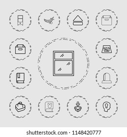 Open icon. collection of 13 open outline icons such as box, book, eject button, ring in box, shop, keyhole in head, peas, window. editable open icons for web and mobile.
