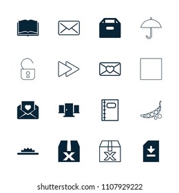 Open icon. collection of 16 open filled and outline icons such as box, love letter, camera wheel, door, question box, fast forward. editable open icons for web and mobile.