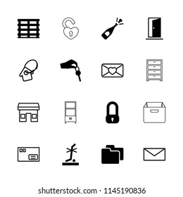 Open icon. collection of 16 open filled and outline icons such as lock, opened champagne, cargo box, no standing nearby, hand with key. editable open icons for web and mobile.