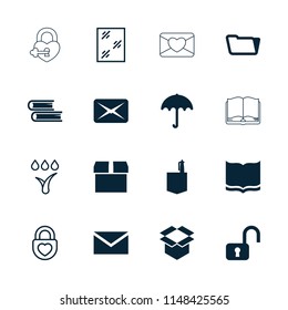 Open icon. collection of 16 open filled and outline icons such as umbrella, window, mail, book, office room, folder, parcel, box. editable open icons for web and mobile.