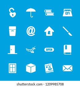 Open icon. collection of 16 open filled icons such as window, box, umbrella, magazine, at mail, lock home, shop, door, book, peas. editable open icons for web and mobile.