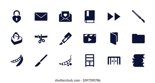 Open icon. collection of 18 open filled icons such as sliding doors, wardrobe, book, cutter, clapper board, peas, love letter. editable open icons for web and mobile.