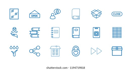 Open icon. collection of 18 open outline icons such as book, window, box, heart lock, ribbon on hand, share, close, watering system. editable open icons for web and mobile.