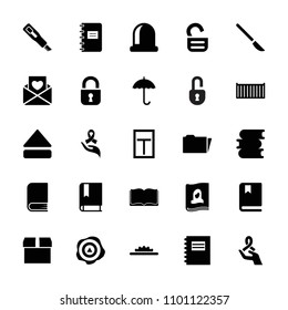 Open icon. collection of 25 open filled icons such as book, parcel, notepad, cargo box, ribbon on hand, eject button, opened door. editable open icons for web and mobile.