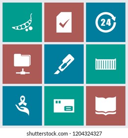 Open icon. collection of 9 open filled icons such as book, parcel, cargo box, ribbon on hand, 24 hours, peas, folder, file. editable open icons for web and mobile.