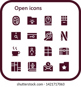 open icon set. 16 filled open icons.  Simple modern icons about  - Window, Folder, Manual, Chocolate, Package, Key, Key ring, Phone book, Chest, Books, Book, Mail