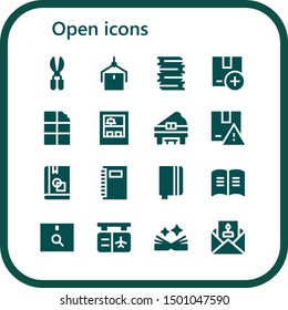 open icon set. 16 filled open icons.  Collection Of - Scissors, Package, Books, Chocolate, Shop, Piano, Book, Notebook, Gate, Invitation