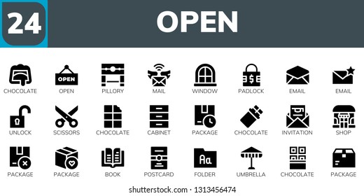 open icon set. 24 filled open icons.  Collection Of - Chocolate, Open, Pillory, Mail, Window, Padlock, Email, Unlock, Scissors, Cabinet, Package, Invitation, Shop, Book, Postcard