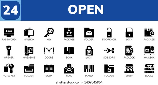 open icon set. 24 filled open icons.  Collection Of - Password, Mailbox, Key, Package, Folder, Doorknob, Lock, Opener, Magazine, Doors, Book, Scissors, Padlock, Hotel key, Mail