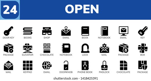 open icon set. 24 filled open icons.  Collection Of - Door key, Books, Shop, Email, Book, Notebook, Key, Package, Elevator, Chocolate, Lock, Mail, Box, Keypad, Doorknob, Phone book