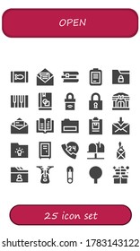 conjunto de iconos abiertos. 25 iconos abiertos rellenos. Comida en lata, correo, libros, formulario, carpeta, piano, libro, reloj, bloqueo, biblioteca, bloc de notas, taquilla, 24h, buzón, paquete, iconos de cierre