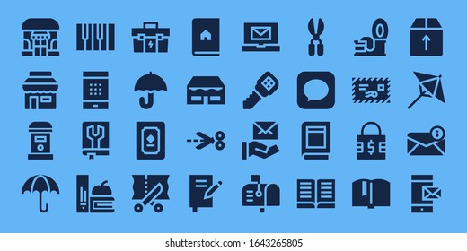 Open Icon Set. 32 Filled Open Icons. Included Shop, Mailbox, Umbrella, Piano, Password, Manual, Books, Toolbox, Book, Scissors, Email, Key, Mail, Message, Tin, Padlock, Box Icons