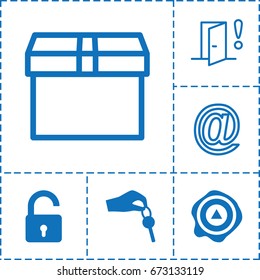 Open icon. set of 6 open filled and outline icons such as opened lock, arrow up, hand with key, door warning, box