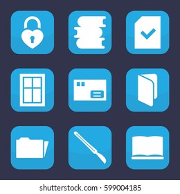 open icon. Set of 9 filled open icons such as window, book, heart lock, scalpel, folder, file
