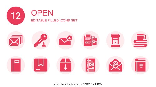 open icon set. Collection of 12 filled open icons included Email, Key, Notepad, Letterbox, Book, Box, Binder, Mail