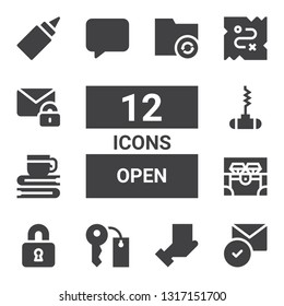 open icon set. Collection of 12 filled open icons included Read, Package, Keys, Locked, Chest, Book, Bottle opener, Message, Treasure, Mail, Glue, Folder