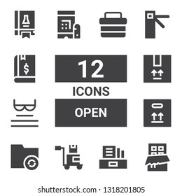 open icon set. Collection of 12 filled open icons included Chocolate, Literature, Package, Folder, Box, Read, Password, Access, Book, Science book, Toolbox