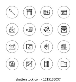 Open icon set. collection of 16 outline open icons with birthday invitation, chest, clapboard, box, cutters, email, gate, knowledge, folder, key card, key, new post icons.