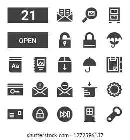 open icon set. Collection of 21 filled open icons included Bottle opener, Door, Forwards, Padlock, Postcard, Bottle cap, Package, Mail, Key card, Forms, Umbrella, Box, Binding