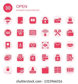 open icon set. Collection of 30 filled open icons included Umbrella, Notebook, Ibooks, Padlock, Email, Forwards, Wikipedia, Book, Unlocked, Scissors, Visual, Mail, Package, Password