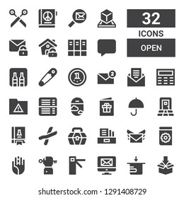open icon set. Collection of 32 filled open icons included Package, Email, Access, Key, Hand palm, Manual, Literature, Toolbox, Cutters, Science book, Door, Umbrella, Postcard