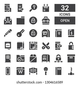 open icon set. Collection of 32 filled open icons included Bottle opener, Book, Key, Door, Wikipedia, Box, Padlock, Mailbox, Folder, Email, Scissors, Forms, Notebook, Invitation