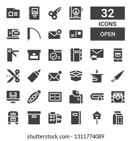 open icon set. Collection of 32 filled open icons included Package, Mailbox, Book, Notepad, Box, Chest, Folder, Drawers, Peas, Reading mode, Umbrella, Email, Glue, Scissors, Notebook