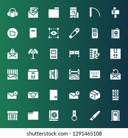 open icon set. Collection of 36 filled open icons included Door, Cutter, Key chain, Book, Folder, Library, Chocolate, Package, Email, Notebook, Mail, Keypad, Toolbox, Diary, Box