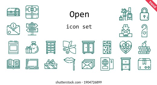 open icon set. line icon style. open related icons such as gift, chest, package, oven, drawer, laptop, doorknob, scissors, lips, books, signs, open book, passport, stove, lock, email, gifts, 
