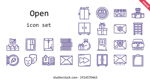 open icon set. line icon style. open related icons such as gift, door, bible, comedy, sign, drawer, closet, clapperboard, envelope, elevator, folder, books, fast forward, window, valve, cabinet, email