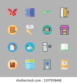 open icon set. vector set about dishwasher, safebox, fridge and book icons set.
