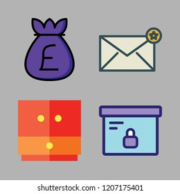 open icon set. vector set about money bag, cabinet, box and envelope icons set.